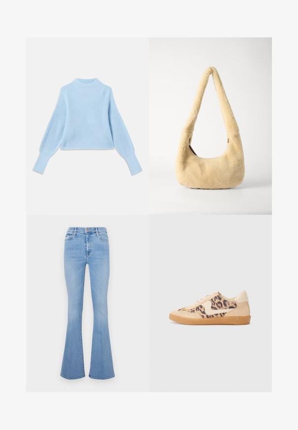 Pull en maille bleu clair avec un col montant, texture côtelée et manches ballons, doté de poignets ajustés et d'un design court.; Jean évasé bleu clair à taille haute, fabriqué en denim, avec des poches avant et une texture légèrement délavée.; Baskets en imprimé léopard avec tige en suède beige, semelle en caoutchouc tan et accents blancs. Bout rond et design à lacets avec une finition texturée.; Sac à épaule en shearling beige avec une poignée incurvée et une forme arrondie. La texture est douce et pelucheuse, avec des accents matériels minimaux.