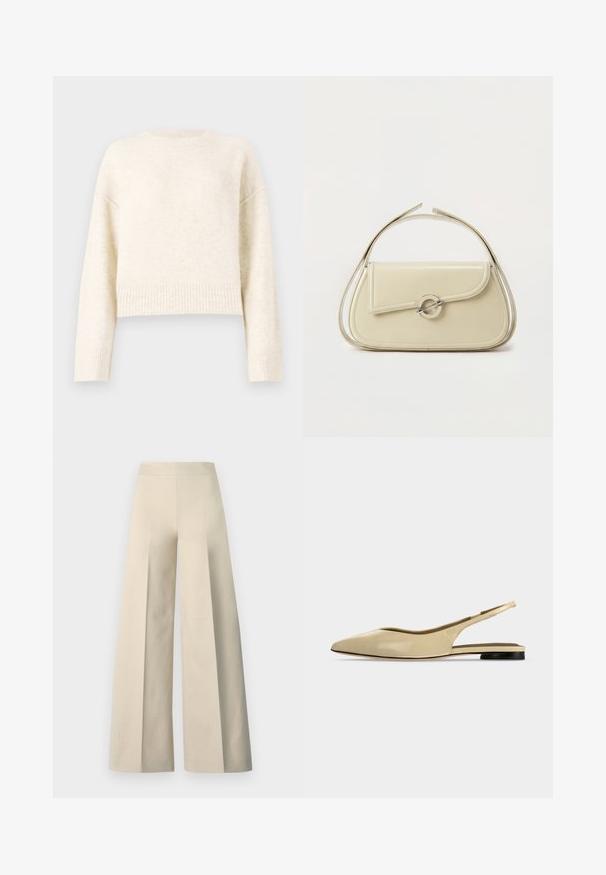 Cremefarvet cropped sweater i et blødt, tekstureret stof. Har en rund halsudskæring og ribbede mansjetter med sænkede skuldre for en afslappet pasform.; Beige vide bukser med en glat tekstur, høj talje og dybe folder foran. Har et bredt og flagrende snit.; Beige spids tå slingback flad sko med lav sort hæl og en glat læderfinish, vist fra siden på en ensfarvet baggrund.; Cremefarvet læderhåndtaske med buet klap, cirkulært sølvspænde og kort topstrop på en ens hvid baggrund.