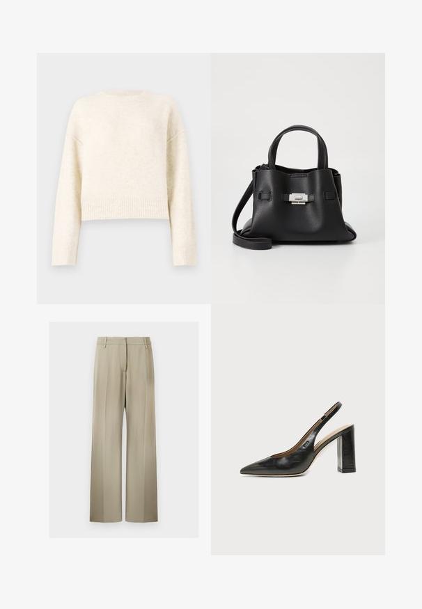 Cremefarvet cropped sweater i et blødt, tekstureret stof. Har en rund halsudskæring og ribbede mansjetter med sænkede skuldre for en afslappet pasform.; Bredde benbukser i blød beige stof, med en flad front, beltdusk og en glat tekstur. Standard talje med ingen synlige mønstre.; Sort læder peep-toe slingback sko med høj blokhæl og beige indvendig foring mod en ensfarvet lys baggrund.; Sort læderhåndtaske med en tekstureret overflade, der har to bærehåndtag, en aftagelig skulderrem og en detalje med sølvspænde.