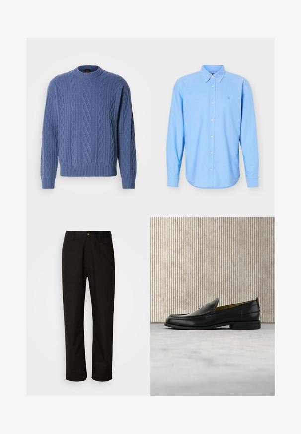 Blå strikket sweater med kabelmønster, rund hals og ribbede manchetter og kant. Blød tekstur og medium vægt.; Lyseblå langærmet skjorte med knapper og knaplukket krave samt lille broderet logo på venstre bryst.; Sorte bomuldsbukser med lige pasform, bæltestropper, lynlås foran og en enkelt knappelukning. Glat tekstur uden synlige mønstre.; Sort læder herreloafer med krokodillepræget forstykke og lav hæl, vist i profil på en neutral baggrund.