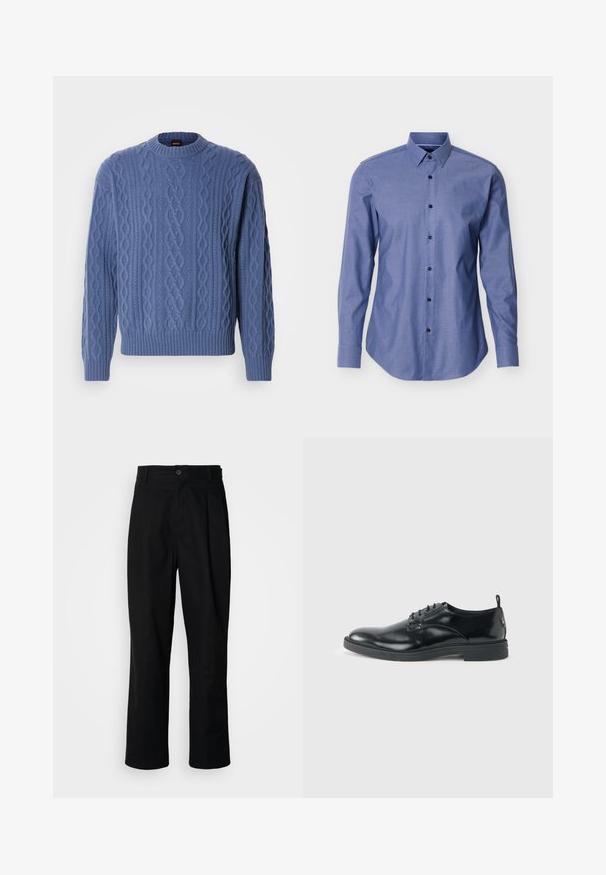 Blå strikket sweater med kabelmønster, rund hals og ribbede manchetter og kant. Blød tekstur og medium vægt.; Blå skjorte med lange ærmer, spids krave og sorte knapper foran, vist mod en hvid baggrund.; Sorte lige ben bukser med en knaplukket talje, bæltestropper og en frontfold, præsenteret mod en ensfarvet hvid baggrund.; Blank sort læder dresssko med lav hæl, snørelukning og rund tå, vist fra siden på ensfarvet lys baggrund.