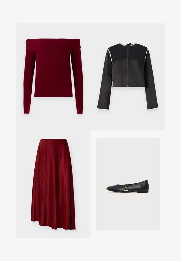Bordeaux off-the-shoulder sweater med lange ærmer, ribbet tekstur og boxy form. Fremstillet af et blødt, strækbart materiale.; Afkortet sort satin top med lange ærmer, hvid piping langs halsudskæringen og ærmerne samt en central søm ned langs forsiden.; Lang, flydende, mørkerød satin nederdel med asymmetrisk kant og glat tekstur, vist mod en ensartet lys baggrund.; Sort læderballerina med en lille guldbeslået detalje på siden, lav hæl og afrundet tå, vist i profil på hvid baggrund.
