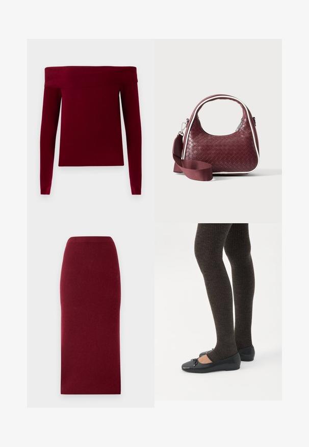 Pull bordeaux à épaules dénudées avec des manches longues, texture côtelée et coupe ample. Fabriqué à partir d'un matériau doux et extensible.; Jupe midi en maille bordeaux avec une silhouette ajustée, texture lisse et une taille. Pas de coutures ou de motifs visibles. Couleur unie sur l'ensemble.; Jambes portant des leggings côtelés foncés associés à des ballerines noires avec de petits détails en nœud sur fond blanc.; Sac à main en cuir tressé marron foncé avec poignée courbée, garniture blanche, fermeture éclair argentée et bandoulière large en tissu amovible sur fond uni.
