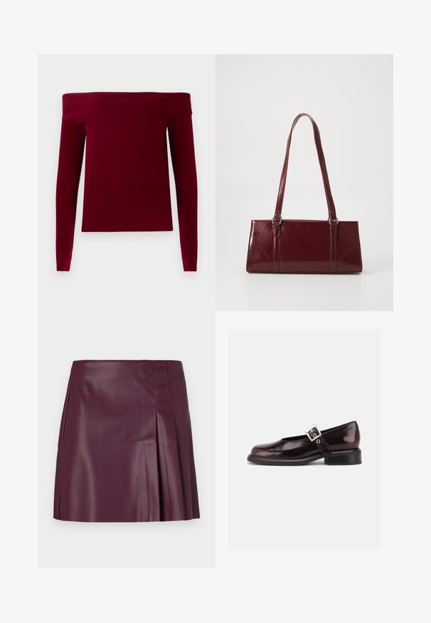 Pull bordeaux à épaules dénudées avec des manches longues, texture côtelée et coupe ample. Fabriqué à partir d'un matériau doux et extensible.; ONLY ONLARTZY Short - Minijupe - mauve wine; Chaussure Mary Jane unique brillante couleur bordeaux foncé avec une large bride et une boucle argentée, talon bloc bas et bout arrondi sur fond blanc.; Sac à main bordeaux en matériau brillant, de forme rectangulaire, avec deux anses et des accents légèrement courbés à l'avant.