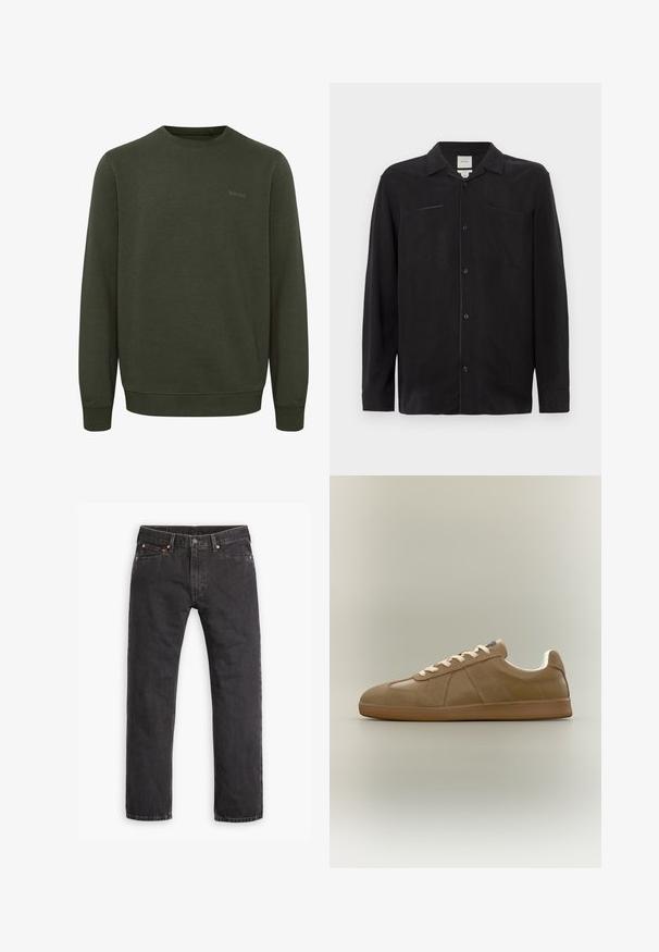 Olijfgroene sweatshirt van zacht materiaal, met een ronde hals, lange mouwen en geribde manchetten. Subtiele "blend" logo in bijpassende kleur.; Zwarte lange mouwen overhemd gemaakt van lichtgewicht stof, met een kraag met inkeping, knoopsluiting aan de voorkant en twee borstzakken.; Zwarte denim jeans met rechte pijpen, vijf zakken, knoopsluiting en koperen klinknagels, plat gelegd op een witte achtergrond.; Lage bruine sneaker met suède en leren panelen, crèmekleurige veters en een platte rubberen zool, zijaanzicht op een neutrale achtergrond.
