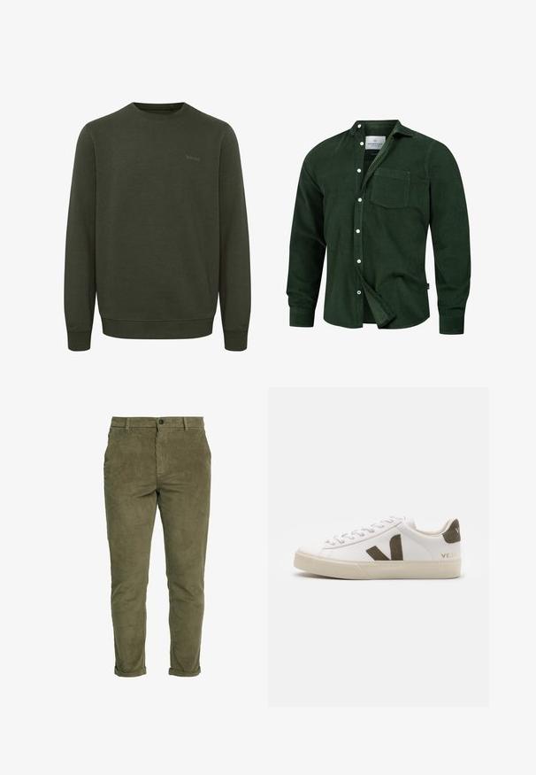 Olivengrøn sweatshirt lavet af blødt stof, med rund halsudskæring, lange ærmer og ribkant. Diskret "blend" logo i matchende farve.; Mørkegrøn fløjlsskjorte med knaplukning foran, en enkelt brystlomme, krave og lange ærmer med knapmanchetter.; Olivenfarvede fløjlsbukser med slim fit, frontlommer, opfoldede manchetter og knaplukning, der har lodrette ribber for tekstur.; Hvide læder sneakers med en lys beige gummisål. Har en brun ruskinds V-logo og hælflap. Snørret lukning med en struktureret overflade.