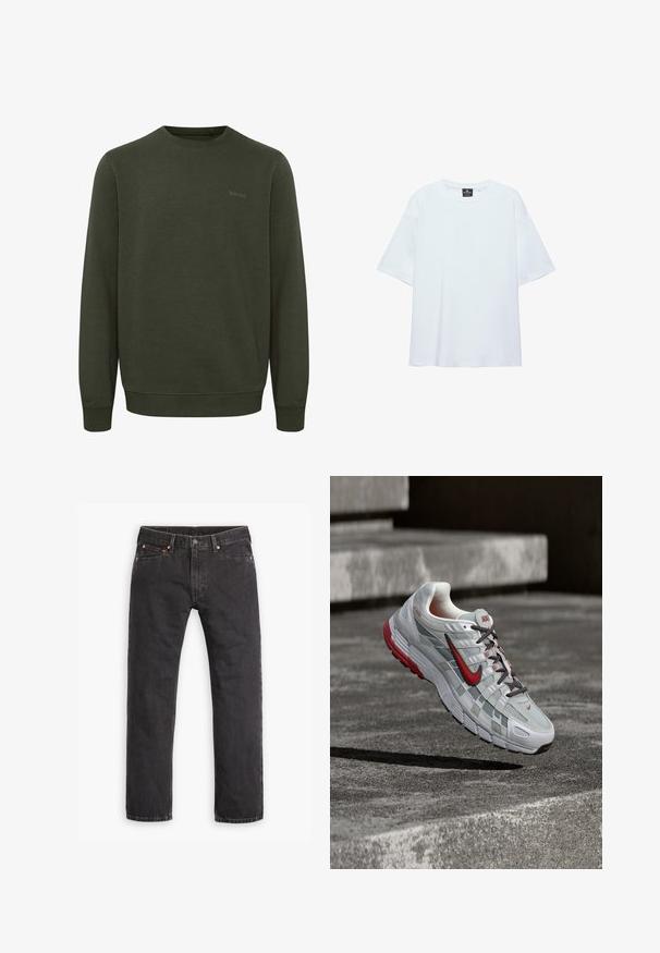 Olivengrøn sweatshirt lavet af blødt stof, med rund halsudskæring, lange ærmer og ribkant. Diskret "blend" logo i matchende farve.; Hvid, oversized T-shirt med korte ærmer og rund halsudskæring, med en sort etiket inde i kraven på en hvid baggrund.; Sorte straight-leg denim jeans med fem lommer, knaplukning og copper nitter liggende fladt på en hvid baggrund.; Hvid og grå Nike løbesko med røde accenter og sorte snørebånd, ophængt over grå beton-trin.