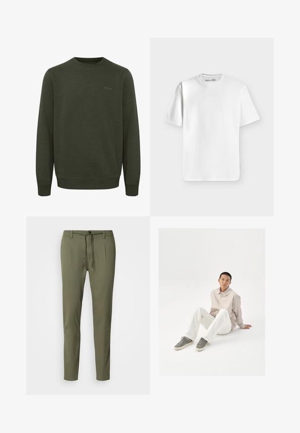 Olivengrøn sweatshirt lavet af blødt stof, med rund halsudskæring, lange ærmer og ribkant. Diskret "blend" logo i matchende farve.; Klassisk hvid T-shirt med korte ærmer og rund hals lagt fladt på en lysegrå baggrund med et lille mærke inde i halsudskæringen.; Olivengrønne bukser lavet af letvægtsstof, med elastisk talje, to foran læg og en tapered pasform. Glat tekstur.; Beige skjorte med knapper, hvide bukser og grå sneakers. Skjorten har en løs pasform, og sneakersne har en struktureret overflade og snørebåndsdesign.