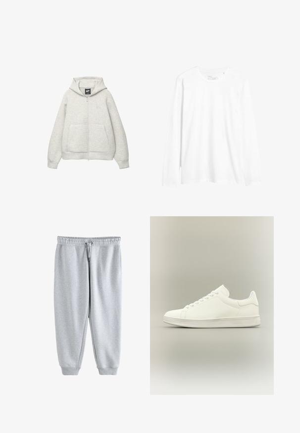 Haut à capuche zippé gris en tissu doux, avec une poche avant, un cordon de serrage à la capuche et un petit logo sur la poitrine.; T-shirt blanc à manches longues en coton. Il présente un col rond, une coupe slim et des fentes sur le bas. Design simple sans motifs.; Pantalon de jogging gris clair avec taille élastique, cordon ajustable, poches latérales et poignets côtelés aux chevilles.; Baskets basses blanches minimalistes avec lacets, tige en cuir lisse et semelle en caoutchouc texturée, présentées sur un fond neutre.