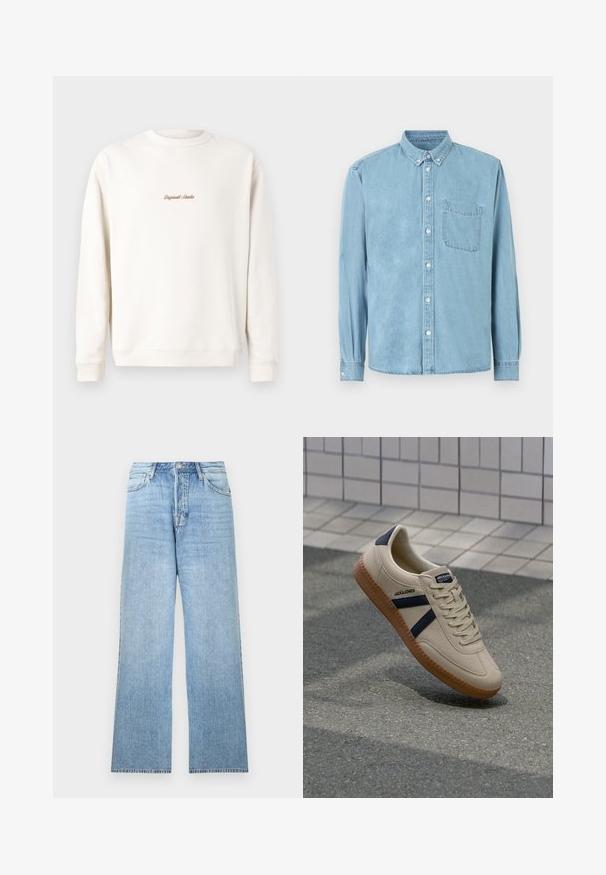 Cremefarvet sweatshirt med ribbet rund hals og manchetter. Har lille, gul "Original Studio" broderi på brystet. Blød tekstur.; Lyseblå denimskjorte med lange ærmer, knaplukket krave, brystlomme foran og hvide knapper ned langs midten og på manchetterne.; Lyseblå denimjeans med lige ben, lukning med øverste knap, fem-lommer-design og frynset kant.; Beige sneaker med struktureret overflade, marineblå striber og gummisål. Har en polstret tunge og traditionelt snørresystem for en sikker pasform.