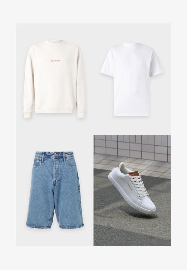 Cremefarbiges Sweatshirt mit geripptem Rundhalsausschnitt und Bündchen. Auf der Brust befindet sich eine kleine goldene Stickerei "Original Studio". Weicher Stoff.; Weißes kurzärmeliges T-Shirt aus Baumwolle mit Rundhalsausschnitt, das eine glatte Textur und ein einfaches Design ohne Muster oder Akzente aufweist.; Leichte blaue Denim-Shorts mit verwaschener Textur. Mit Frontknopfverschluss, Gürtelschlaufen und seitlichen Taschen. Starke Nähte setzen Akzente.; Weiße Ledersneaker mit glatter Textur, tanfarbener Akzent an der Ferse, goldenes Logo an der Seite und Gummisohle mit strukturiertem Griff.
