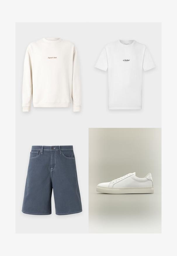 Cremefarbiges Sweatshirt mit geripptem Rundhalsausschnitt und Bündchen. Auf der Brust befindet sich eine kleine goldene Stickerei "Original Studio". Weicher Stoff.; Weißes Baumwoll-T-Shirt mit kurzen Ärmeln und rundem Ausschnitt. Verfügt über ein kleines schwarzes "JJ Studios"-Logo auf der Brust.; Dunkelblaue Shorts aus Baumwolle mit weißen Nähten, fünf Taschen und einem Knopfverschluss an der Taille. Gerades Bein Design, minimales Detail.; Weißer Sneaker mit niedrigem Schaft, vorn mit Schnürung und dicker Sohle, aus der Seitenansicht vor neutralem Hintergrund.