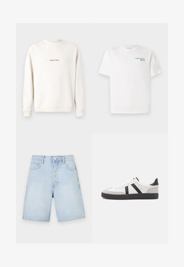 Cremefarbiges Sweatshirt mit geripptem Rundhalsausschnitt und Bündchen. Auf der Brust befindet sich eine kleine goldene Stickerei "Original Studio". Weicher Stoff.; Weißes Baumwoll-T-Shirt mit Rundhalsausschnitt. Auf der Vorderseite steht in grüner Schrift: "PARK MOTEL Resort." Es hat kurze Ärmel und eine lockere Passform. Glatte Textur.; Hellblaue Denim-Shorts mit geradem Schnitt, ausgestattet mit Fronttaschen, einem Knopfverschluss und lässigen Nähten. Glatte Textur ohne Muster.; Weiße Sneaker mit schwarz- und grau-aczenten, ausgestattet mit einer strukturierten grauen Zehenkappe, schwarzer Gummi-Sohle und flachen weißen Schnürsenkeln. Sauberes Design, minimalistische Stil.