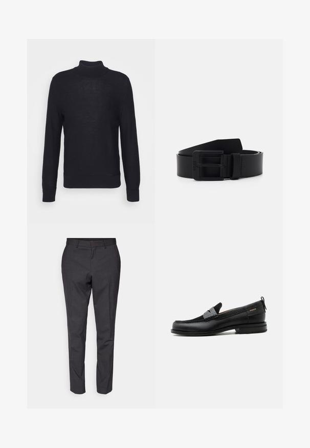 Sort turtleneck sweater lavet af letvævet materiale, med lange ærmer og ribbede manchetter og bund. Subtil tonal branding på brystet.; Grå skræddersyede bukser med en glat tekstur, slim fit og tapered ben, der har en flad front og bæltestropper for ekstra detaljer.; Sort læderloafer med grå remdetalje, lav hæl og tekstureret sål, mærket med "HUGO" i guld på siden.; Sort læderbælte med mat finish, der har en rektangulær metalspænde og en glat overflade. Enkel design uden mønstre eller accenter.