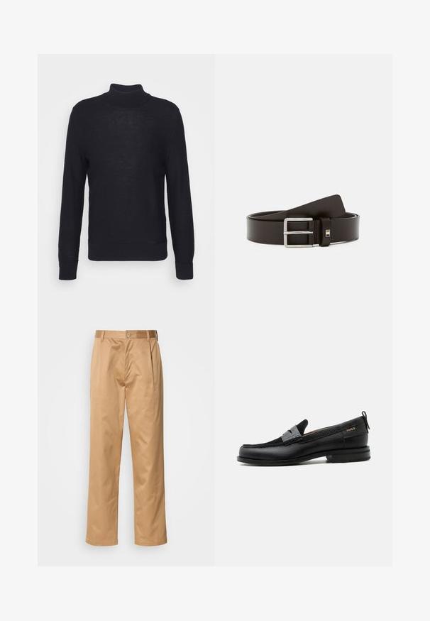 Sort turtleneck sweater lavet af letvævet materiale, med lange ærmer og ribbede manchetter og bund. Subtil tonal branding på brystet.; Khaki bukser, blanding af bomuld, lige ben-design, frontfald, bæltesløjfer og knaplukning. Glat tekstur uden mønstre.; Sort læderloafer med grå remdetalje, lav hæl og tekstureret sål, mærket med "HUGO" i guld på siden.; Brun læderbælte med en rektangulær sølvmetalknap. Glat tekstur og et rent design, der har en lille accent nær knappen.