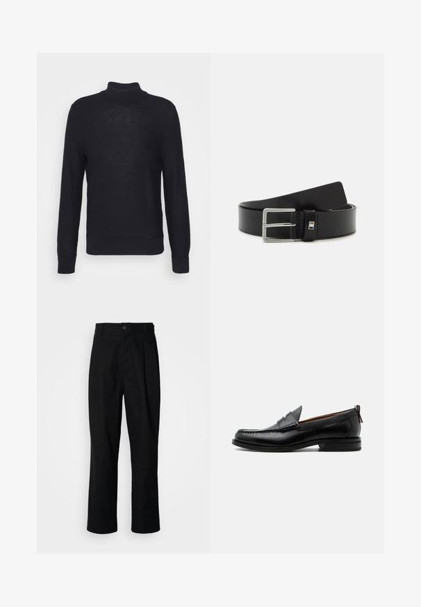 Sort turtleneck sweater lavet af letvævet materiale, med lange ærmer og ribbede manchetter og bund. Subtil tonal branding på brystet.; Sorte lige ben bukser med en knaplukket talje, bæltestropper og en frontfold, præsenteret mod en ensfarvet hvid baggrund.; Sort læder herre loafer med moc-tå syning, penny strop, struktureret krave og lav stablet hæl på hvid baggrund.; Sort læderbælte med en glat overflade, der har en sølvmetalspænde og en rektangulær accent nær spænden.