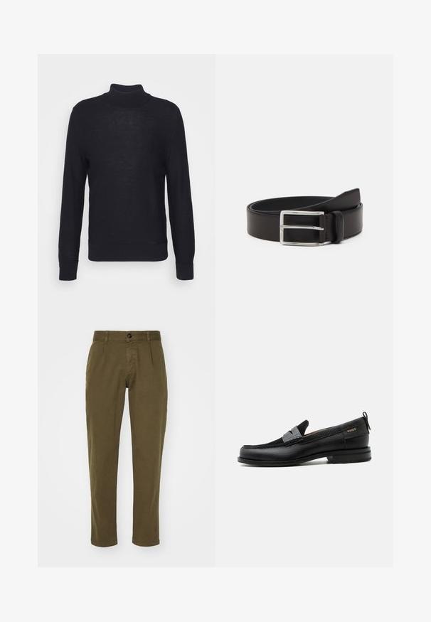 Sort turtleneck sweater lavet af letvævet materiale, med lange ærmer og ribbede manchetter og bund. Subtil tonal branding på brystet.; Olivegrønne bomuldsbukser med lige pasform, som har en frontlukning med knap, bæltestropper og sidelommer. Glat tekstur.; Sort læderloafer med grå remdetalje, lav hæl og tekstureret sål, mærket med "HUGO" i guld på siden.; Læderbælte i mørkebrunt med en glat tekstur, prydet med en rektangulær sølvspænde og et elegant design.