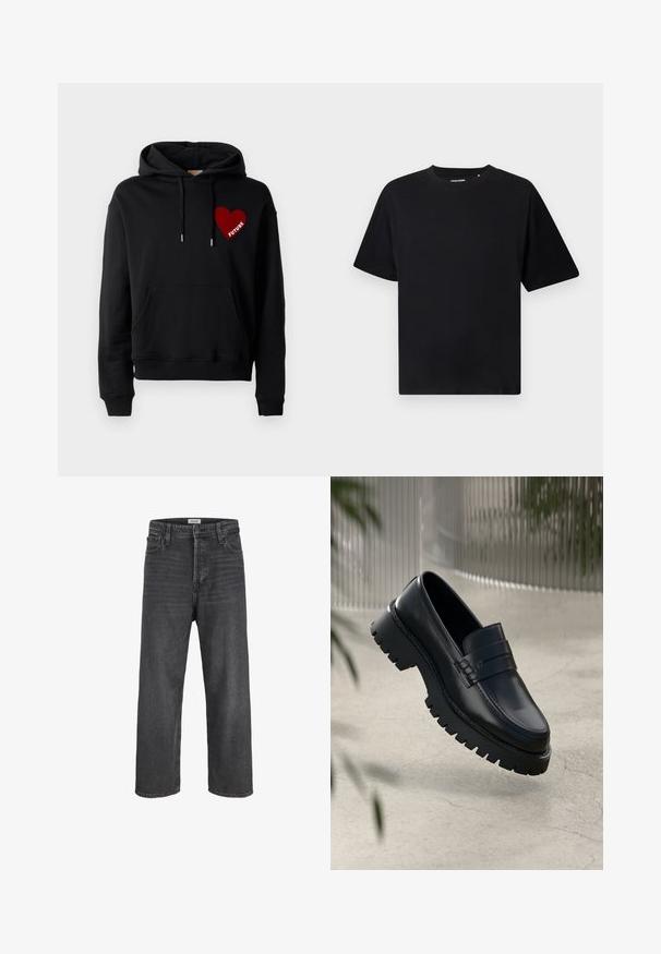 Hoodie noir avec une poche devant, cordons de serrage, et un graphic de cœur rouge avec le mot "FUTURE" en blanc. Matière en coton douce.; T-shirt noir à manches courtes et col ras du cou avec une coupe décontractée, présenté sur un fond blanc.; Jeans noirs à jambe droite et taille haute, avec fermeture par bouton et fermeture éclair, passants pour ceinture, ainsi que poches avant et arrière.; Mocassins en cuir noir avec une semelle à crampons épaisse, dotés d'une sangle décorative et de détails de couture. Texture lisse avec une finition polie.