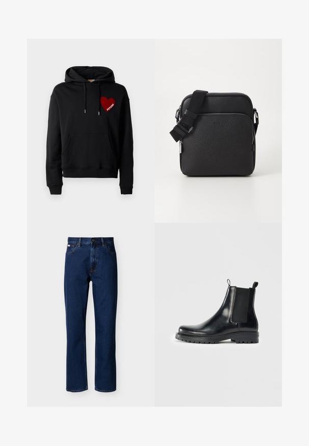 Hoodie noir avec une poche devant, cordons de serrage, et un graphic de cœur rouge avec le mot "FUTURE" en blanc. Matière en coton douce.; Jean droit bleu foncé en denim, avec un design classique à cinq poches, des coutures discrètes et une fermeture avant à boutons.; Bottes Chelsea en cuir noir avec des panneaux élastiques sur les côtés, une languette pour un enfilage facile et une semelle en caoutchouc robuste avec une adhérence texturée.; Sac bandoulière en cuir noir avec une surface texturée, doté d'une poche zippée à l'avant, d'une bandoulière ajustable et d'accents en métal.