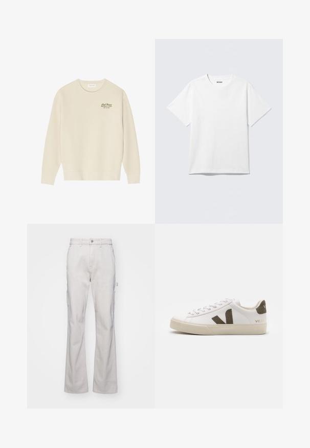 Beige sweatshirt med rund halsudskæring, lange ærmer og en ribbet kant. Har grøn tekst på brystet med teksten "Club House Miami Beach, Florida".; Hvid kortærmet crewneck T-shirt lagt fladt ud, ensfarvet design, med "WEEKDAY" mærkat inde i kraven på en lys baggrund.; Lys grå cargobukser med lige ben-design, udstyret med sidelommer og knaplukning. Fremstillet af robust, struktureret stof.; Hvide læder sneakers med en lys beige gummisål. Har en brun ruskinds V-logo og hælflap. Snørret lukning med en struktureret overflade.