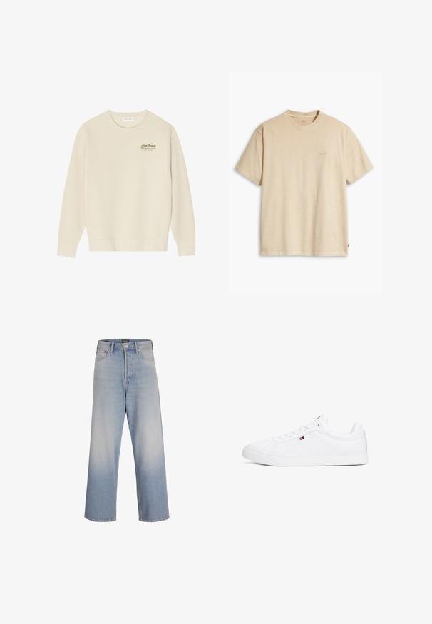 Beige collegepaita pyöreällä pääntiellä, pitkällä hihalla ja resorireunuksella. Rinnassa vihreä teksti "Club House Miami Beach, Florida".; Beige puuvillane t-särk ümmarguse kaeluse ja lühikeste varrukatega. Rinnal on samas värvitoonis tähelepandamatu "Levi's" logo. Pehme tekstuur.; Vaaleansiniset leveälahkeiset farkut, joissa on korkeampi vyötärö, etutaskut ja haalistunut pesuefekti, joka antaa tekstuuria.; Valkoiset tennarit, jotka on valmistettu synteettisestä nahasta ja joissa on litteä pohja, pyöreä varvas ja kuusi napinreikää. Sivulla on pieni logo.