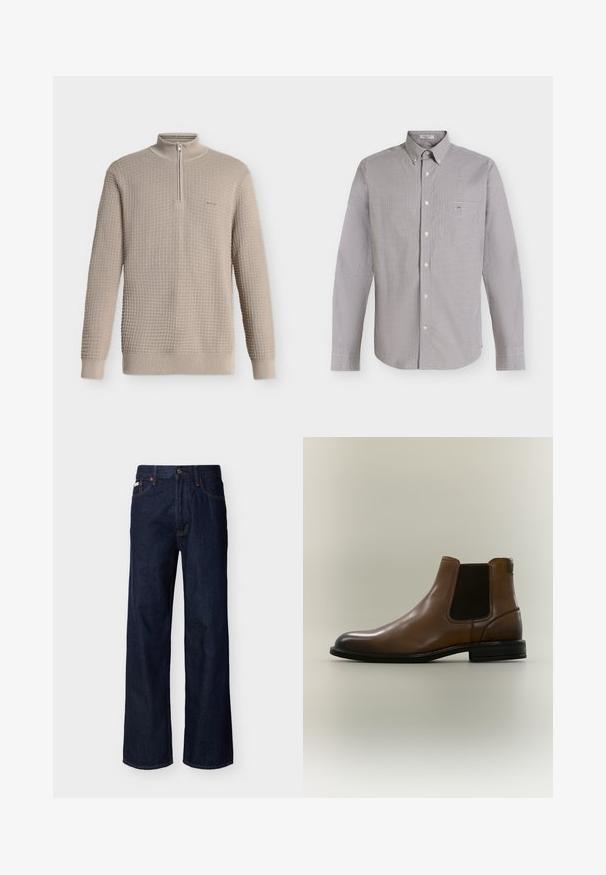 Pull beige en maille gaufrée, manches longues, col montant à demi-fermeture éclair, poignets et ourlet côtelés, présenté sur fond blanc.; Chemise à manches longues boutonnée avec petit motif à carreaux noir et blanc et une poche poitrine sur fond clair.; Jean droit en denim bleu foncé avec design à cinq poches et fermeture par boutons, présenté sur un fond clair uni.; Bottine Chelsea en cuir marron avec panneau latéral élastique noir et semelle basse noire sur un fond neutre uni.