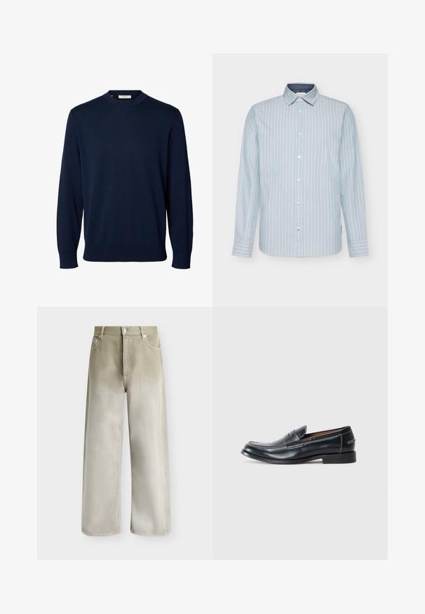 Marineblauer Langarmpullover mit Rundhalsausschnitt, gerippten Bündchen und Saum, mit dem Label „Selected“ am Kragen.; Hellblaues langärmliges Hemd mit weißen vertikalen Streifen, Button-Down-Kragen und kontrastierendem dunkelblauen Innenkragen. Glattes Baumwollgewebe.; Beige und hellgraue Jeans mit weitem Bein, vorderen Taschen, Gürtelschlaufen und Knopfverschluss.; Schwarze Lederlofer mit einer runden Zehenform, featuring weiße Nähte und einem leicht erhöhten Absatz. Glatte Oberfläche, einfaches Design.