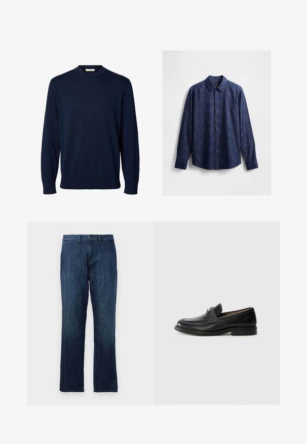 Pull bleu marine à manches longues et col rond, avec poignets et bas côtelés, étiqueté Selected au niveau du col.; Chemise en denim bleu foncé avec un col classique, des manches longues, une fermeture à boutons sur le devant et un tissu légèrement texturé. Pas de motifs visibles.; Jean en denim bleu foncé avec une coupe droite, doté d'une fermeture à bouton à l'avant et d'un style standard à cinq poches. Texture lisse et poids moyen.; Mocassins en cuir noir avec une finition lisse, dotés d'une bande supérieure texturée, d'un talon bas et de détails de couture minimalistes.