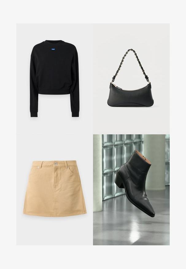 Schwarzes, kurz geschnittenes Sweatshirt mit langen Ärmeln und gerippten Bündchen; auf der Vorderseite in der Nähe des Halsausschnitts befindet sich ein blauer rechteckiger Logo-Aufnäher.; Beige Denim-Minirock mit Fronttaschen, Gürtelschlaufen und einem Metallknopfverschluss auf weißem Hintergrund.; Schwarzer Leder-Stiefelette mit spitzer Schuhspitze und Blockabsatz, der über einem reflektierenden grauen Boden nahe einer Glassteinwand schwebt.; Schwarze Lederschultertasche mit gewölbter rechteckiger Form, goldener Kette, die in den geflochtenen schwarzen Riemen eingewebt ist, und Reißverschlussverschluss oben.