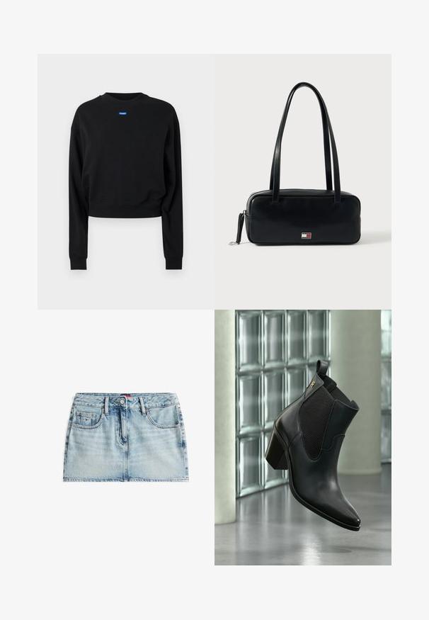 Zwarte cropped sweatshirt met lange mouwen en geribbelde manchetten; beschikt over een blauw rechthoekig logolabel aan de voorkant bij de halslijn.; Lichte blauwe denim minirok met een vijf-pocket ontwerp, zichtbare stiksels en een knoopsluiting aan de voorkant. Een gladde textuur, iets vervaagd.; Zwarte leren enkellaars met blokhak en elastisch zijpaneel, zwevend binnen tegen een glasblokmuur en betonnen vloer.; Zwarte leren handtas met een rechthoekige vorm, platte basis, twee schouderbanden en een klein logodetail aan de voorkant. Glad oppervlak.