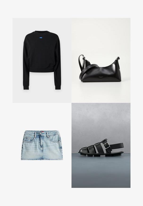 Sort cropped sweatshirt med lange ærmer og ribbede manchetter; har et blåt rektangulært logo mærke på forsiden nær halsudskæringen.; Lysblå denim mini nederdel med fem lomme-design, synlige syninger og en frontknaplukning. Glat tekstur, let falmet.; Sorte lædersandaler med et flettet design, åben tå og en sidelås, placeret på trægulv med småsten.; Sort læderhåndtaske med en glat tekstur. Har en justerbar stropp og et enkelt, minimalistisk design med lynlås.