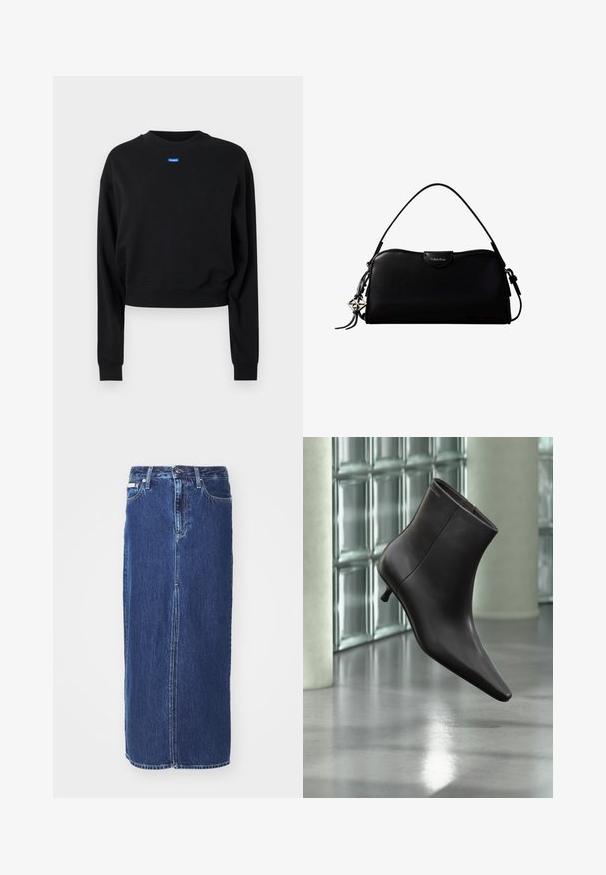 Sort cropped sweatshirt med lange ærmer og ribbede manchetter; har et blåt rektangulært logo mærke på forsiden nær halsudskæringen.; Mørkeblå denimnederdel, knælang, med slidse foran, traditionel talje og fem-lommes design med kontrasterende syninger.; Sort læderankelstøvle med spids tå og lille hæl vist mod en væg af glasblokke og poleret gulv baggrund.; Sort rektangulær Calvin Klein håndtaske med enkelt toprem, sølvlogo vedhæng og lille klaplukning foran.
