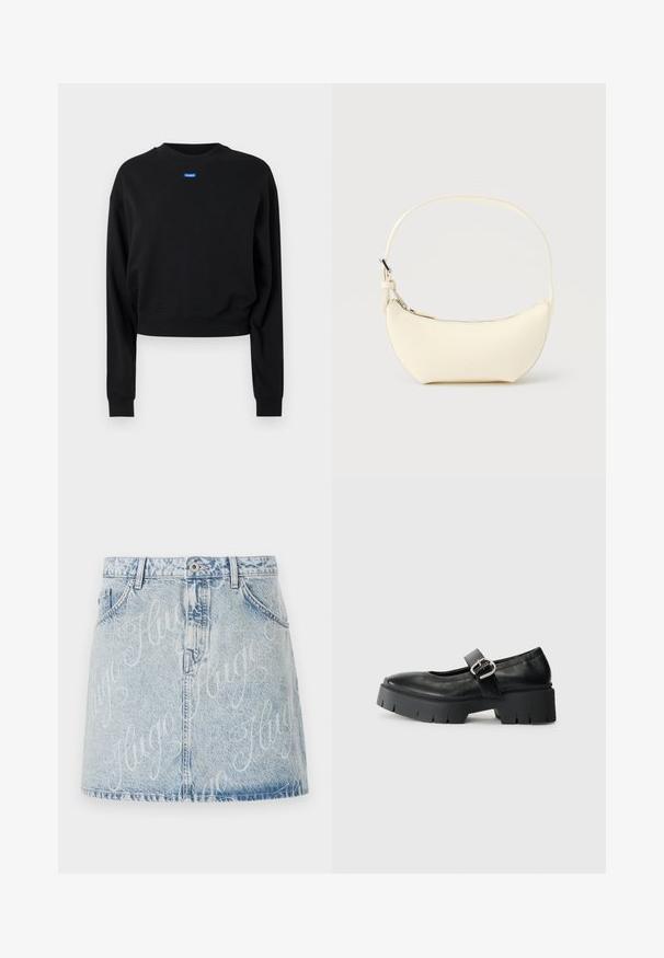 Zwarte cropped sweatshirt met lange mouwen en geribbelde manchetten; beschikt over een blauw rechthoekig logolabel aan de voorkant bij de halslijn.; Lichtblauwe denimrok met een vervaagde was, voorzien van een sluiting met knopen aan de voorkant en een overal "Hugo" logo-patroon. Vijf-pocket stijl.; Zwarte leren Mary Jane schoenen met een chunky plateauzool, ronde neus en zijgespsluiting. Glad uiterlijk met minimale stiksels.; Kleine, maansikkelvormige handtas van roomkleurig leer met een enkele riem en een ritssluiting aan de bovenkant, afgebeeld op een effen achtergrond.