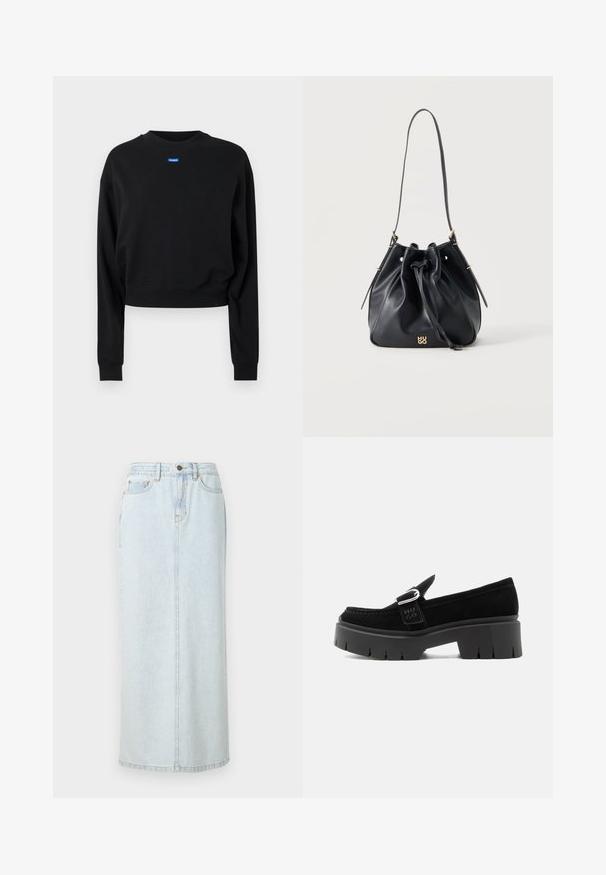 Zwarte cropped sweatshirt met lange mouwen en geribbelde manchetten; beschikt over een blauw rechthoekig logolabel aan de voorkant bij de halslijn.; Lichtblauwe denim maxi rok met een rechte snit, voorzijde met knopen en zichtbare stiksels. Bevat twee voorzakken.; Zwarte suède loafer met stevige profielzool, zilveren gespsluiting en geperst "HUGO" op de zijriem, weergegeven vanaf de buitenkant.; Zwarte leren bucketbag met trekkoordsluiting, enkele schouderband en klein gouden "HUGO"-logo in het midden aan de voorkant.