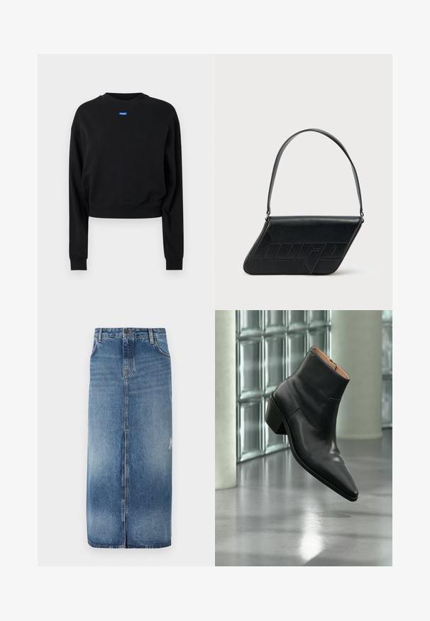 Sort cropped sweatshirt med lange ærmer og ribbede manchetter; har et blåt rektangulært logo mærke på forsiden nær halsudskæringen.; Denim midi nederdel med en lys til mørkeblå gradient, frontlukning og subtile slidte detaljer nær sømmen. Råkant i bunden.; Sort læderankelstøvle med spids tå og blokhæl, der svæver over en reflekterende grå gulv nær en væg af glasblokke.; Sort skuldertaske i læder med trekantet form, præget logo og en enkelt justerbar rem. Minimalistisk design med glat tekstur.