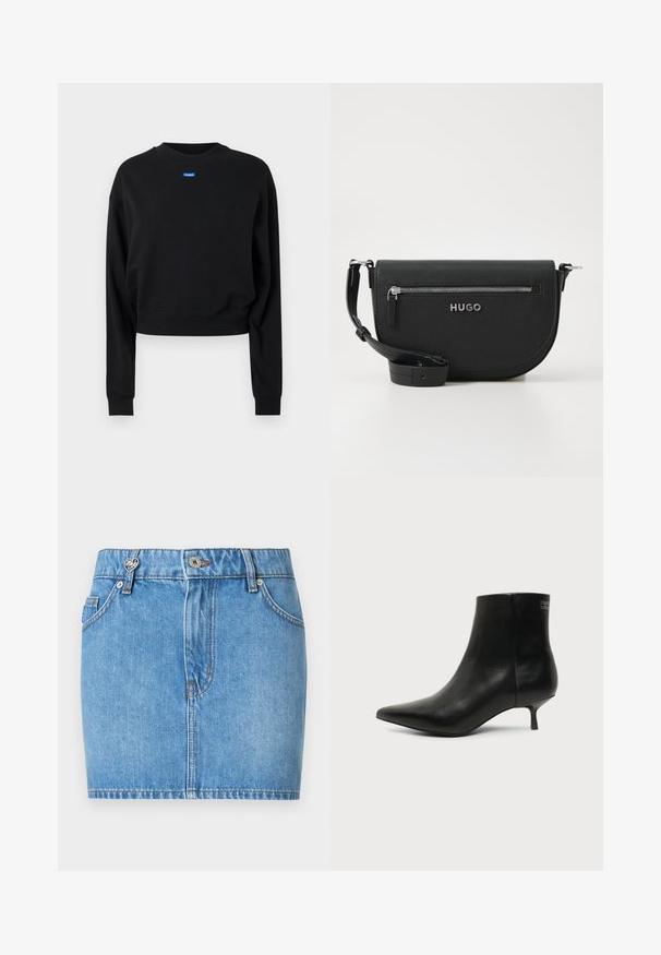 Zwarte cropped sweatshirt met lange mouwen en geribbelde manchetten; beschikt over een blauw rechthoekig logolabel aan de voorkant bij de halslijn.; Blauwe denim minirok met voorzakken, ceintuurlussen, knoopsluiting en een klein metalen hartvormig accent op de linker ceintuurlus.; Zwart leren enkellaars met puntige neus en lage kittenhak op lichte achtergrond, zijaanzicht buitenkant.; Zwarte leren schoudertas met een ronde vorm, zilveren ritszak en een merkembleem. Beschikt over een verstelbare schouderband voor veelzijdigheid.