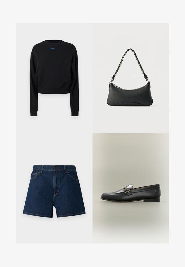 Zwarte cropped sweatshirt met lange mouwen en geribbelde manchetten; beschikt over een blauw rechthoekig logolabel aan de voorkant bij de halslijn.; Donkerblauwe denim shorts. Voorzien van een klassieke snit met een tailleband, voorzakken en zichtbare naden. Soepele textuur, minimalistisch ontwerp.; Zwarte leren loafer met zilveren bovenkant, gouden kettingdetail, lage hak en afgeronde neus op een neutrale achtergrond.; Zwarte lederen schoudertas met een gebogen rechthoekige vorm, gouden ketting verweven in een gevlochten zwarte band, en een ritssluiting bovenop.