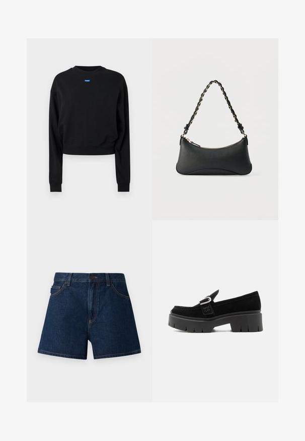 Zwarte cropped sweatshirt met lange mouwen en geribbelde manchetten; beschikt over een blauw rechthoekig logolabel aan de voorkant bij de halslijn.; Donkerblauwe denim shorts. Voorzien van een klassieke snit met een tailleband, voorzakken en zichtbare naden. Soepele textuur, minimalistisch ontwerp.; Zwarte suède loafer met stevige profielzool, zilveren gespsluiting en geperst "HUGO" op de zijriem, weergegeven vanaf de buitenkant.; Zwarte lederen schoudertas met een gebogen rechthoekige vorm, gouden ketting verweven in een gevlochten zwarte band, en een ritssluiting bovenop.