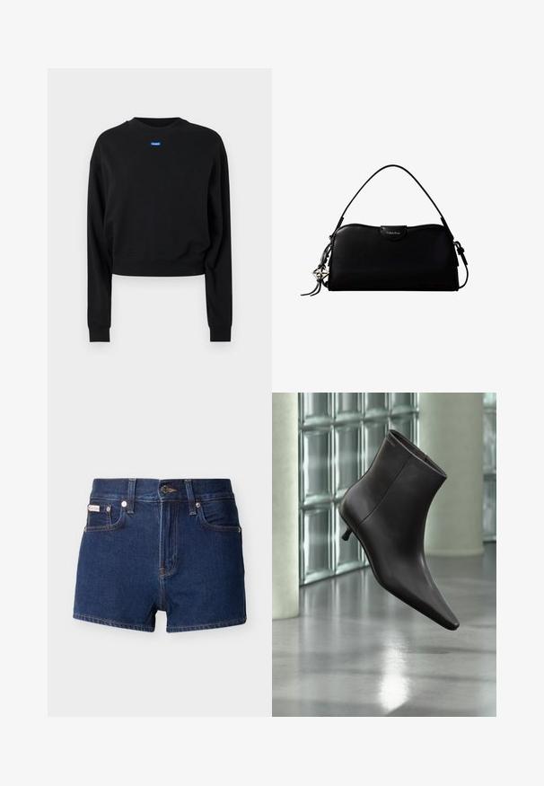 Sort cropped sweatshirt med lange ærmer og ribbede manchetter; har et blåt rektangulært logo mærke på forsiden nær halsudskæringen.; Mørkeblå denimshorts med frontknap, bæltestropper og lommer vist mod en lys baggrund.; Sort læderankelstøvle med spids tå og lille hæl vist mod en væg af glasblokke og poleret gulv baggrund.; Sort rektangulær Calvin Klein håndtaske med enkelt toprem, sølvlogo vedhæng og lille klaplukning foran.