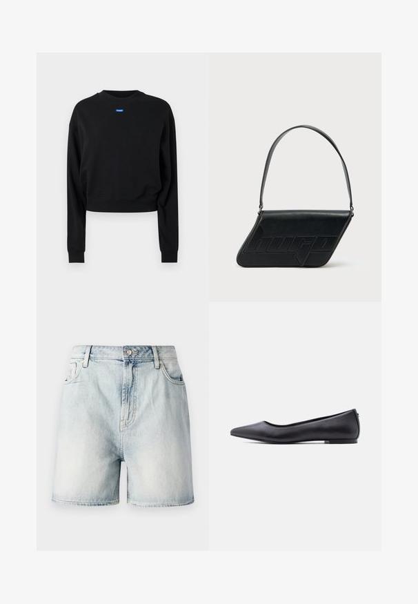 Sort cropped sweatshirt med lange ærmer og ribbede manchetter; har et blåt rektangulært logo mærke på forsiden nær halsudskæringen.; Lyseblå denimshorts med knaplukning, fem lommer og en falmet struktur. Lige snit med et klassisk design.; Sort flad lædersko med spidst tåparti og lav hæl, vist i sideprofil mod en hvid baggrund.; Sort skuldertaske i læder med trekantet form, præget logo og en enkelt justerbar rem. Minimalistisk design med glat tekstur.