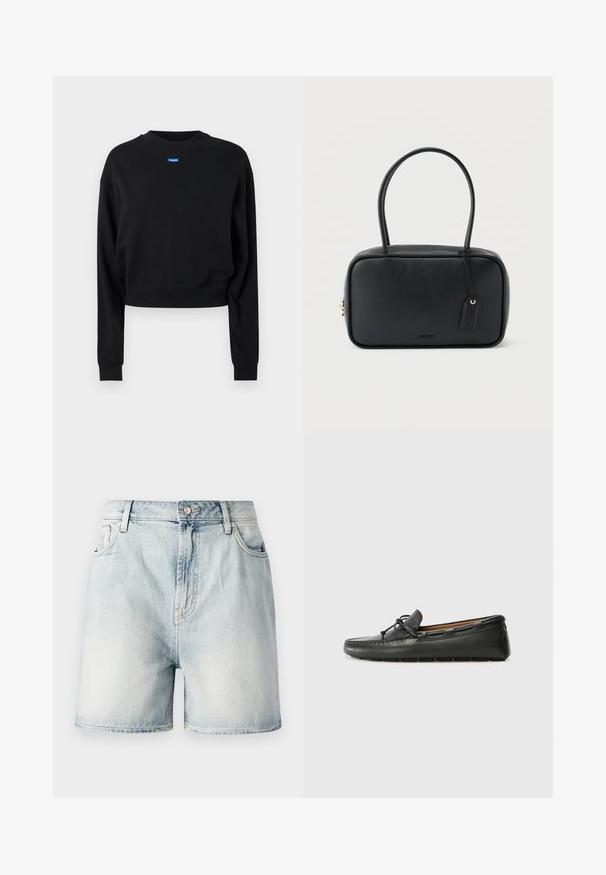 Sort cropped sweatshirt med lange ærmer og ribbede manchetter; har et blåt rektangulært logo mærke på forsiden nær halsudskæringen.; Lyseblå denimshorts med knaplukning, fem lommer og en falmet struktur. Lige snit med et klassisk design.; Sorte læder bådsko med afrundet tå, stikninger, lille sløjfedetalje og gummisål. Glat tekstur og strømlinet design.; Sort rektangulær håndtaske med dobbelte runde håndtag, gylden lynlås og præget "HUGO"-logo foran med fastgjort lædermærke.