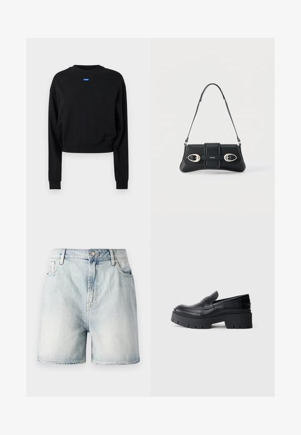 Sort cropped sweatshirt med lange ærmer og ribbede manchetter; har et blåt rektangulært logo mærke på forsiden nær halsudskæringen.; Lyseblå denimshorts med knaplukning, fem lommer og en falmet struktur. Lige snit med et klassisk design.; Sort klodset platform loafers med glat læderoverdel, dekorativ rem og tyk struktureret sål på hvid baggrund.; Sort skuldertaske i læder med to sølvspænder og justerbar rem, med "HUGO"-logo på midten foran.