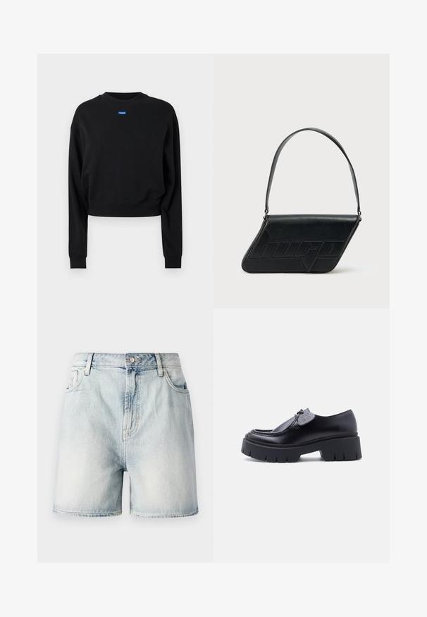 Sort cropped sweatshirt med lange ærmer og ribbede manchetter; har et blåt rektangulært logo mærke på forsiden nær halsudskæringen.; Lyseblå denimshorts med knaplukning, fem lommer og en falmet struktur. Lige snit med et klassisk design.; Sort kraftig platformloafer med tyk skridsikker sål og dekorativ mærkat på snørebåndet, vist i profil på hvid baggrund.; Sort skuldertaske i læder med trekantet form, præget logo og en enkelt justerbar rem. Minimalistisk design med glat tekstur.