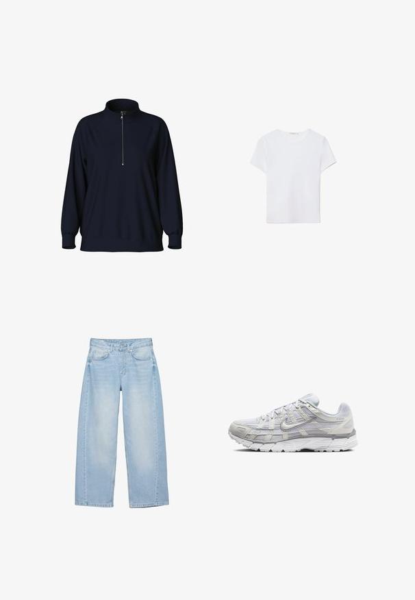 Marineblå pullover sweatshirt med høj krave, halv lynlås foran og raglanærmer. Blødt stof med en afslappet pasform og ribbede manchetter.; Hvid kortærmet t-shirt lavet af blødt stof. Har en rund halsudskæring og et simpelt, rent design med en lige underkant.; Lyseblå vidde jeans med frontknapper, lynlåslukning, fem lommer og diskrete falmede detaljer på lårene.; Lys grå atletik sko med en overdel i mesh og syntetiske materialer, der har snørebånd, polstret krave og struktureret sål for godt greb.