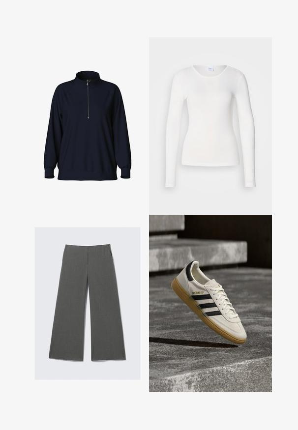 Pull-over en sweatshirt navy avec un col haut, une fermeture éclair à moitié sur le devant et des manches raglan. Tissu doux avec une coupe décontractée et des poignets côtelés.; Chemise blanche à manches longues en tissu doux et lisse ; présente un col rond et une coupe ajustée, sans motifs ni embellissements.; Pantalons amples gris avec un motif à fines rayures, dotés de deux poches latérales et d'un design de ceinture lisse.; Baskets Adidas Spezial blanches avec des rayures noires et une semelle en gomme flottant au-dessus de marches en pierre grises à l'extérieur.
