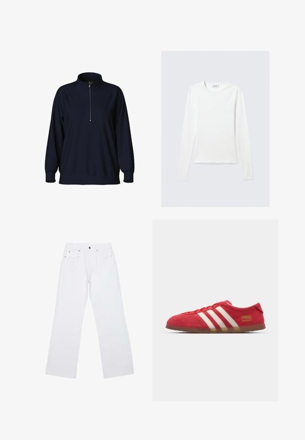Marineblå pullover sweatshirt med høj krave, halv lynlås foran og raglanærmer. Blødt stof med en afslappet pasform og ribbede manchetter.; Langærmet, enkel hvid T-shirt med rund halsudskæring og tætsiddende pasform, vist mod en lysegrå baggrund.; Hvide jeans med lige ben, fem lommer, bæltestropper og lukning foran med knap og lynlås, lagt fladt på en hvid baggrund.; Røde ruskinds sneakers med hvidt tre-stripes design, flad ydersål og guld logo detalje. Lavskåren design med afrundet tå og snørebåndslukning.