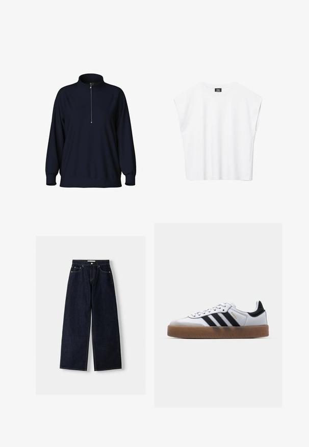 Marinepullover mit hohem Kragen, halbem Reißverschluss vorne und Raglanärmeln. Weicher Stoff mit lockerer Passform und gerippten Bündchen.; Weißes ärmelloses Crop-Top mit Rundhalsausschnitt, breiten Schultern und schwarzem "B6"-Etikett an der Innenseite des Kragens.; Dunkelblaue, weite Jeans mit hoher Taille, fünf Taschen, Kontrastnähten und silbernem Metallzubehör. Glatte Textur und saubere Verarbeitung.; Weiße Leder Sneakers mit schwarzen Streifen, Gummigummi-Außensohle, runder Zehenform, Schnürverschluss und weichem grauem Wildleder-Zehenkappe.