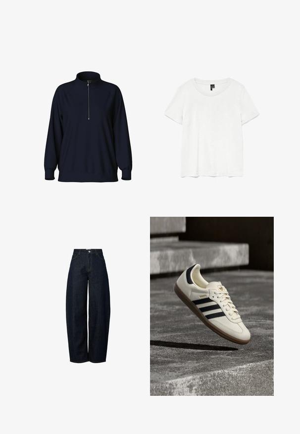 Pull-over en sweatshirt navy avec un col haut, une fermeture éclair à moitié sur le devant et des manches raglan. Tissu doux avec une coupe décontractée et des poignets côtelés.; T-shirt blanc à manches courtes avec un col rond, fabriqué en tissu léger. Design simple, texture lisse et ourlet droit.; Jean en denim bleu marine à jambes larges et taille haute, agrémenté de surpiqûres orange contrastantes et d'une fermeture à bouton sur le devant.; Baskets blanches Adidas Samba avec des bandes noires et une semelle en gomme, flottant au-dessus de marches en béton gris texturé.