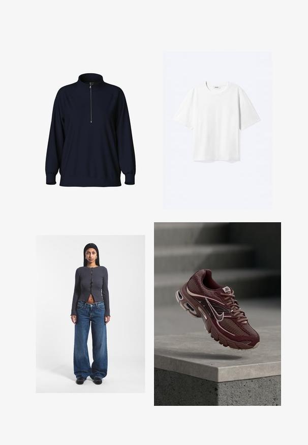 Marinepullover mit hohem Kragen, halbem Reißverschluss vorne und Raglanärmeln. Weicher Stoff mit lockerer Passform und gerippten Bündchen.; Weißes T-Shirt mit kurzen Ärmeln und Rundhalsausschnitt mit geradem Saum, innen mit gebrandetem "WEEKDAY"-Label am Kragen.; Graues geripptes, knöpfbares Crop-Top mit langen Ärmeln und einem Schlitz vorne, kombiniert mit lockeren blauen, hochgeschnittenen Denim-Jeans. Schwarze Schuhe.; Dunkelroter Nike-Laufschuh mit Mesh-Stoff, gepolstertem Kragen, dicker Sohle und weißen Akzenten. Das Design zeichnet sich durch eine abgerundete Zehenpartie und markante Schnürsenkel aus.