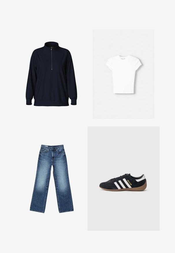 Marinepullover mit hohem Kragen, halbem Reißverschluss vorne und Raglanärmeln. Weicher Stoff mit lockerer Passform und gerippten Bündchen.; Weißes kurzärmliges T-Shirt aus weicher Baumwolle, mit Rundhalsausschnitt und figurbetonter Form. Keine sichtbaren Muster oder Verzierungen.; Blaue Jeans aus Denim mit hoher Taille, vorderem Knopf und Reißverschluss, vorderen und hinteren Taschen sowie einem leicht ausgewaschenen Look.; Schwarzer Veloursleder-Sneaker mit drei weißen Streifen, Gummisohle und einem kleinen goldenen Logo an der Seite. Verfügt über ein glattes schwarzes Innenfutter.